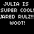 Pixelated text repeats 'JULIA IS SUPER COOL! JARED RULZ!! WOOT!' across two identical horizontal sections on a black background.