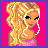 Pixelated cartoon-style icon of a blonde woman with long curly hair wearing large hoop earrings and a pink top against a bright pink background with purple border.