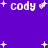 Purple background with white pixelated text 'cody' repeated four times, each followed by a small heart symbol, surrounded by scattered white plus signs.