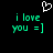 Pixelated green text 'i love you =]' on black background with white heart outline above, two identical copies side-by-side.