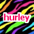 Pixelated icon with 'hurley' text in pink lowercase letters on white background, surrounded by multicolored diagonal stripes against black backdrop.