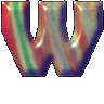 A single stylized letter W with a glossy, iridescent surface displaying red, green, blue, and yellow hues against a plain gray background.