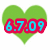 Green heart-shaped icon with red-outlined blue numerals '6.7.09' centered on it, pixelated style.