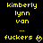 Yellow pixelated text on black background with two identical side-by-side layouts showing 'kimberly lynn von' above ellipsis and 'fuckers' below, each followed by a heart symbol.