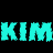 A 4-frame contact sheet of a cyan pixelated text animation showing the word KIMKIM against a black background with gray transparency artifacts.