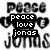 Black-and-white pixelated image with text "peace love jonas" on a black background, surrounded by large stylized letters.