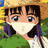 A 48x48 pixel buddy icon featuring a cartoon character with brown hair and blue eyes wearing a straw hat, white mask, green shirt, and purple backpack straps on the left side of a contact sheet; the right side shows "Anime IM" text in silver pixelated font above a stylized signature on black background.
