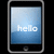 Three smartphone-shaped frames display sequential text: 'hello', 'molo', and a smiley face on a blue gradient background.