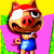 Pixelated cartoon pig wearing red headband and blue dress, standing against pink and green background with yellow top section.