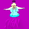 Pixelated angel with blonde hair, white wings, and blue dress stands against purple background; halo above head; 'SIGN' text below in stylized pink letters.