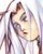 Pixelated image of a person with long dark hair wearing light-colored clothing, holding an object near their face against a soft pastel background.
