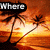 Animated sunset beach scene with palm trees and text fragments forming 'Where did summer go?' across four