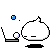 Pixelated white blob with flat black mouth and small black eyes, positioned next to a black laptop with a white sphere on its keyboard, blue spheres floating above, on gray background.