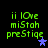 Green pixelated text 'ii lOve miStah preStiqe' on black background with blue star symbol, two variations showing star position change.