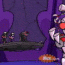 Animated sequence shows a dark platform with three figures against purple background, followed by large pink and red mechanical structure expanding from center.