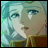 Pixelated anime-style character with light blue hair and green eyes, wearing a brown garment with gold trim, next to black background with white text.
