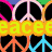 Animated peace symbol icon with changing background elements and text overlays.