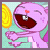 Pixelated icon of a pink character with closed eyes, red blush, and dark red mouth holding a yellow object against light blue background.