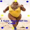 A person in a yellow one-piece swimsuit walks on a sandy beach with blue and yellow dots scattered across the image.