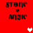 Red background with repeated 'stone' text above heart symbols and 'Angie' below, featuring animated white and pink hearts.