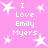 Pink background with white star shapes and repeated text "I Love Emily Myers" in pixelated font.