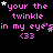 Pixelated text and stars animate on a black background with pink and white elements.