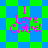 Pixelated text "I Love Claire!" in pink and purple hues over a green-and-blue checkered background with diamond-shaped patterns.
