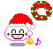 Pixelated character with Santa hat, pink cheeks, and smiling mouth holding golden bell; wreath above head changes from green-red to red-green pattern.
