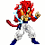 Pixel art character with red spiky hair, blue aura, white pants, and blue boots in dynamic fighting poses.