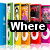 six pixelated images with text overlays: books, rainbow, flower, eye, abstract shape, and empty space