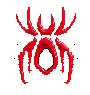Red abstract shapes on gray background, varying between spider-like and castle-like forms with pixelated edges.