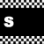 Black background with white pixelated text fragments and alternating horizontal checkered borders in black-and-white.