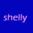Blue background with pink text reading 'shelly loves soft ball!' and a pixelated image of two people on a baseball field.