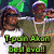 Pixelated image of two people with text overlays, one person holding a microphone and wearing a green shirt and white undershirt.