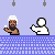 Pixelated animation of a bearded man in white headwear and clothing reacting to falling into water, with text overlays expressing distress.