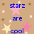 Pixelated image with blue text 'starz are cool' over a beige background, featuring pink and yellow stars and white sparkles.