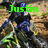 Animated sequence showing a rider on a dirt bike with green text labels changing from 'Justin' to 'Perras' and a number '182' appearing below.
