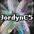 A pixelated animated icon with a central white starburst pattern and colorful accents, featuring the text 'JordynC5' in bold black letters.