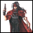 A pixelated anime-style character in red and black attire holding a weapon, next to stylized text on a black background.