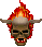 Pixelated skull with bull horns and flames, wearing sunglasses that change from black to red lenses.