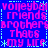 Pixelated text in pink and cyan on a blue background, arranged in four quadrants with repeated phrases.