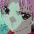 Pixelated close-up of a face with large dark eyes, light skin, and teal-green background with purple accents.