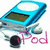 Blue digital music player with white circular top, dark screen, and white earbuds below, labeled 'iPod' in pink text.