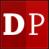 Red square background with large white serif letters D and P centered, each letter having a subtle light gradient and slight pixelation.