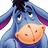 Pixelated blue donkey with purple inner ears and black mane, holding a light brown pie-like object against white background.
