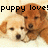 Two pixelated dogs lie side-by-side on a light background with black text reading 'puppy love!' above them.