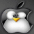 Pixelated icon of a penguin with white body, black wings and head details, yellow beak, and gray apple-shaped outline on dark background.