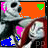 A 48x48 pixel animated buddy icon featuring a stylized character with large black eyes and gray skin, displayed as two sequential frames in a contact sheet showing color changes on the background and props.