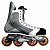 Pixelated roller skate icon with gray boot, white laces, black top, orange wheels on silver frame against white background.