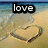 Pixelated beach scene with heart-shaped sand drawing and 'love' text overlay on black background.